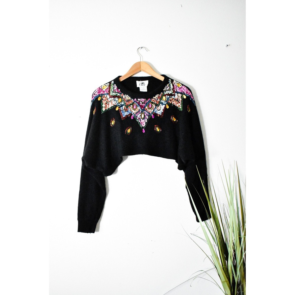In Charge Cropped Sweater Women Large Black 80s Beaded Sequin Lambswool Retro